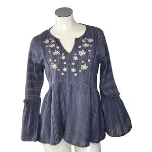 RD + KOKO Blue Boho Long Bell Sleeves Floral Dobby Blouse Top Women's Size XL